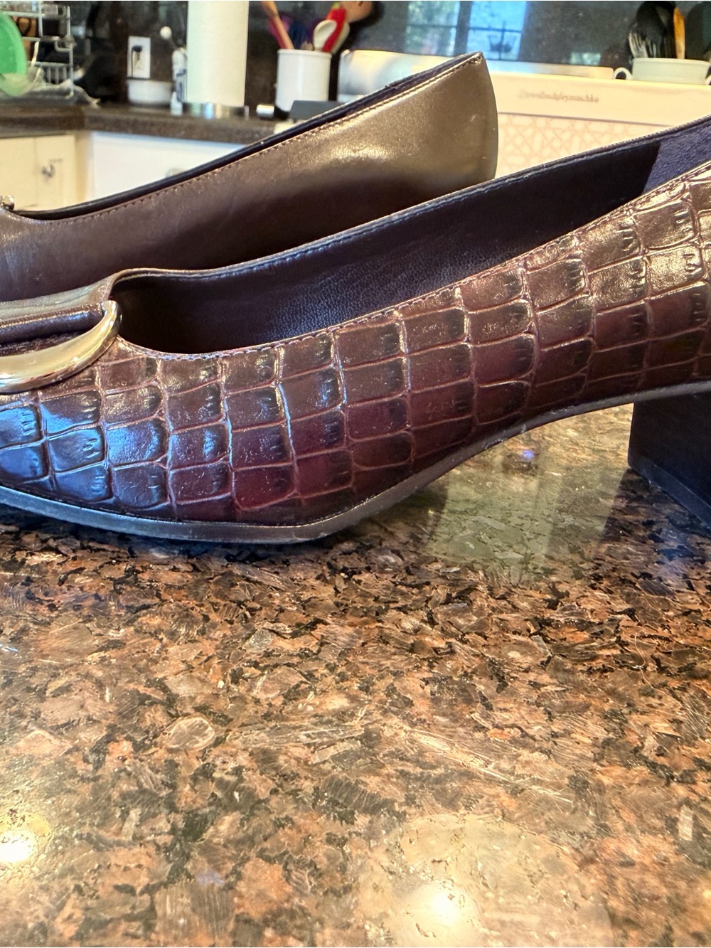 Etienne Aigner Croc-Embossed Block Heel Pumps in Brown